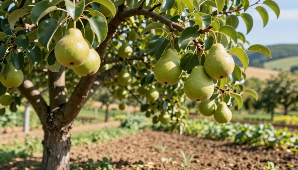 A beautiful, detailed focus on a lush pear tree (grusza), featuring ripe, green pears hanging from its branches. In the foreground, capture the textured bark and vibrant green leaves, along with soft light filtering through the foliage. The middle ground showcases the tree standing tall in a well-maintained garden setting, surrounded by rich, brown soil displaying signs of healthy cultivation practices. In the background, a blurred view of a serene landscape, possibly with gentle rolling hills and a clear blue sky, adds depth to the image. The overall mood should convey tranquility and a sense of flourishing life, with warm, natural lighting that enhances the beauty of the tree and its environment.