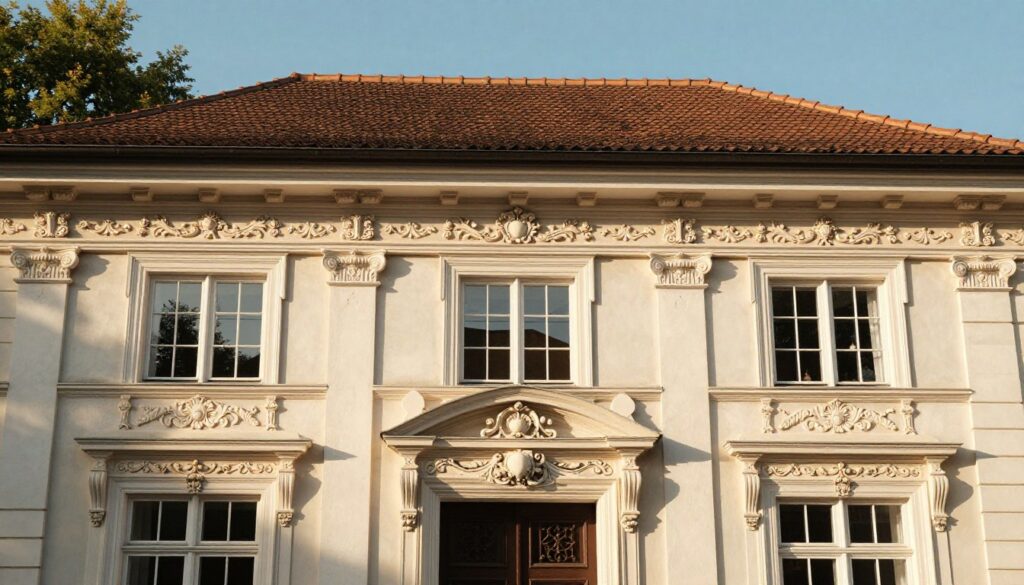 A beautiful façade adorned with intricate stucco decorations, prominently featuring classical elements like cornices, friezes, and ornamental moldings. The foreground showcases a stunning doorway framed by elegant architraves, while the middle ground displays large, white windows harmonizing with a warm, brown tiled roof above. The background consists of a clear blue sky and soft, green foliage, casting gentle shadows on the stucco surface. The lighting is warm and inviting, emphasizing the textures and details of the decorations. The scene conveys a timeless elegance, highlighting how the stucco accents enhance the architectural beauty of the building's exterior. The composition is shot from a slightly low angle, providing a grand perspective of the façade. A beautiful façade adorned with intricate stucco decorations, prominently featuring classical elements like cornices, friezes, and ornamental moldings. The foreground showcases a stunning doorway framed by elegant architraves, while the middle ground displays large, white windows harmonizing with a warm, brown tiled roof above. The background consists of a clear blue sky and soft, green foliage, casting gentle shadows on the stucco surface. The lighting is warm and inviting, emphasizing the textures and details of the decorations. The scene conveys a timeless elegance, highlighting how the stucco accents enhance the architectural beauty of the building's exterior. The composition is shot from a slightly low angle, providing a grand perspective of the façade.