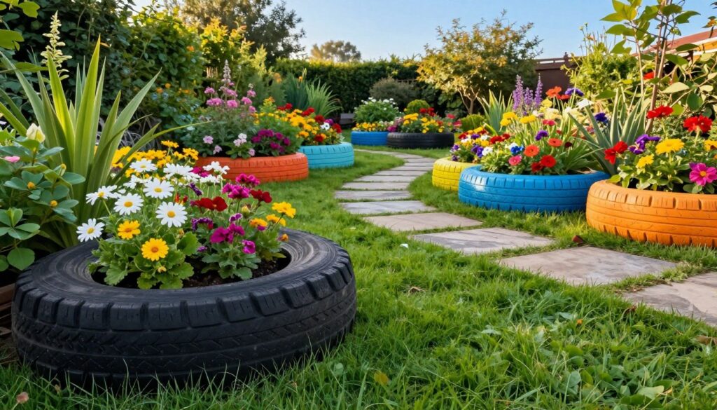 A beautiful outdoor garden scene featuring creatively designed tire edges for flower beds and pathways. In the foreground, vivid green grass contrasts with the textured black rubber of the tires, which are cut and painted in various bright colors. Some tires are stacked to create unique planters, overflowing with colorful flowers, while others outline the path. In the middle ground, a winding stone pathway leads through a lush garden, encouraging exploration. In the background, a clear blue sky enhances the cheerful atmosphere. The lighting is warm and inviting, suggesting a bright afternoon. The angle captures both the unique tire designs and the overall garden layout, creating an inspiring and practical view of garden decoration. A beautiful outdoor garden scene featuring creatively designed tire edges for flower beds and pathways. In the foreground, vivid green grass contrasts with the textured black rubber of the tires, which are cut and painted in various bright colors. Some tires are stacked to create unique planters, overflowing with colorful flowers, while others outline the path. In the middle ground, a winding stone pathway leads through a lush garden, encouraging exploration. In the background, a clear blue sky enhances the cheerful atmosphere. The lighting is warm and inviting, suggesting a bright afternoon. The angle captures both the unique tire designs and the overall garden layout, creating an inspiring and practical view of garden decoration.