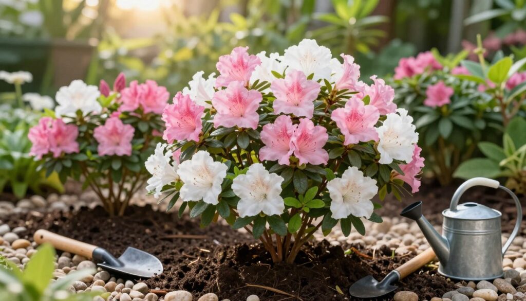 A beautifully arranged azalea plant in full bloom, showcasing vibrant pink and white flowers, emphasizing its delicate petals and glossy green leaves. In the foreground, include a well-tended garden bed with rich, dark soil, surrounded by small pebbles and garden tools like a trowel and watering can. The middle ground features additional azaleas in various stages of growth, harmonizing with lush foliage. In the background, a soft-focus view of a lush garden with sunlight filtering through the leaves, creating a warm, inviting atmosphere. The scene captures a serene and nurturing vibe, reflecting the care and attention needed for azalea maintenance, under natural soft sunlight that enhances the colors. Use a slight upward angle to create an immersive perspective. A beautifully arranged azalea plant in full bloom, showcasing vibrant pink and white flowers, emphasizing its delicate petals and glossy green leaves. In the foreground, include a well-tended garden bed with rich, dark soil, surrounded by small pebbles and garden tools like a trowel and watering can. The middle ground features additional azaleas in various stages of growth, harmonizing with lush foliage. In the background, a soft-focus view of a lush garden with sunlight filtering through the leaves, creating a warm, inviting atmosphere. The scene captures a serene and nurturing vibe, reflecting the care and attention needed for azalea maintenance, under natural soft sunlight that enhances the colors. Use a slight upward angle to create an immersive perspective.
