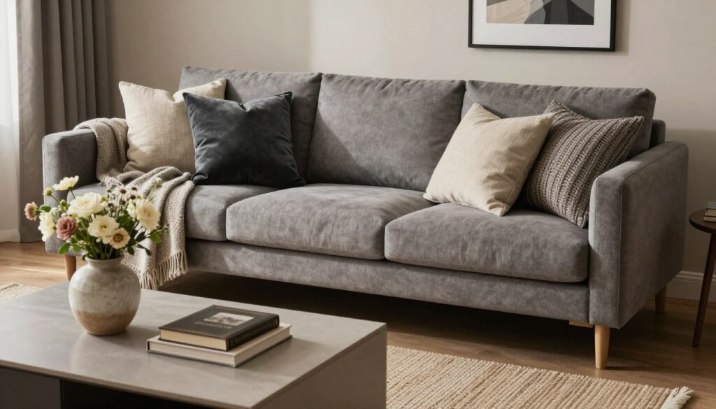A beautifully arranged interior scene featuring a stylish gray sofa as the central focus. The sofa is adorned with a variety of textured cushions in luxurious fabrics such as velvet, linen, and knit, showcasing their contrasting textures and colors. The foreground includes a cozy woven rug and a soft throw draped casually over one arm of the sofa. In the middle, a sleek coffee table is set with elegant décor items like a ceramic vase filled with fresh flowers and a few carefully placed books. The background reveals a softly lit living space with neutral walls and tasteful artwork, enhancing the overall elegant atmosphere. The lighting is warm and inviting, casting gentle shadows that highlight the textures. The perspective is from a slightly elevated angle, providing a comprehensive view of the decor's interplay of materials. A beautifully arranged interior scene featuring a stylish gray sofa as the central focus. The sofa is adorned with a variety of textured cushions in luxurious fabrics such as velvet, linen, and knit, showcasing their contrasting textures and colors. The foreground includes a cozy woven rug and a soft throw draped casually over one arm of the sofa. In the middle, a sleek coffee table is set with elegant décor items like a ceramic vase filled with fresh flowers and a few carefully placed books. The background reveals a softly lit living space with neutral walls and tasteful artwork, enhancing the overall elegant atmosphere. The lighting is warm and inviting, casting gentle shadows that highlight the textures. The perspective is from a slightly elevated angle, providing a comprehensive view of the decor's interplay of materials.