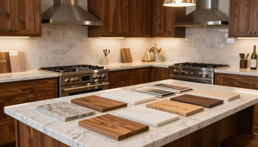 A beautifully arranged kitchen materials showcase, featuring a variety of high-quality kitchen surfaces like sleek quartz countertops, rich wooden cabinets, and elegant tile backsplashes. The foreground includes samples of different wood grains and color swatches, all neatly displayed on a polished kitchen island. In the middle ground, modern kitchen elements such as stainless steel appliances and decorative lighting fixtures accentuate the materials without overpowering them. The background captures a well-designed kitchen space with warm, ambient lighting that creates a cozy atmosphere, highlighting the harmony between various materials. The angle is slightly elevated to provide a comprehensive view, emphasizing the texture and finish of each material. Aim for a professional and inviting mood, suitable for an article discussing custom kitchen furniture costs. A beautifully arranged kitchen materials showcase, featuring a variety of high-quality kitchen surfaces like sleek quartz countertops, rich wooden cabinets, and elegant tile backsplashes. The foreground includes samples of different wood grains and color swatches, all neatly displayed on a polished kitchen island. In the middle ground, modern kitchen elements such as stainless steel appliances and decorative lighting fixtures accentuate the materials without overpowering them. The background captures a well-designed kitchen space with warm, ambient lighting that creates a cozy atmosphere, highlighting the harmony between various materials. The angle is slightly elevated to provide a comprehensive view, emphasizing the texture and finish of each material. Aim for a professional and inviting mood, suitable for an article discussing custom kitchen furniture costs.