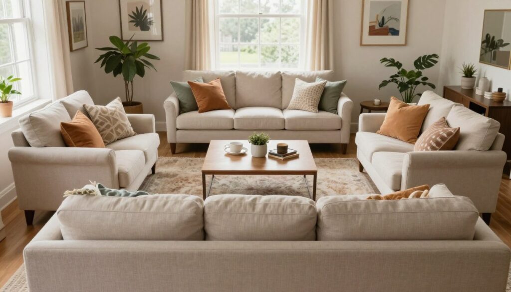 A beautifully arranged living room featuring a comfortable sofa and stylish armchairs. The foreground showcases a cozy, light-colored sofa positioned centrally, adorned with colorful throw pillows. Flanking the sofa are two elegant armchairs, creating an inviting conversation area. In the middle ground, a tasteful coffee table sits atop a plush rug, adding warmth and texture. The background features a softly-lit window that allows natural light to filter in, enhancing the room’s airy ambiance. The walls are adorned with simple artwork, and a few green plants provide a refreshing touch. The atmosphere is warm and welcoming, ideal for a relaxed social setting. The scene is captured with a wide-angle lens to emphasize the furniture arrangement, showcasing the space's functionality and aesthetic appeal.