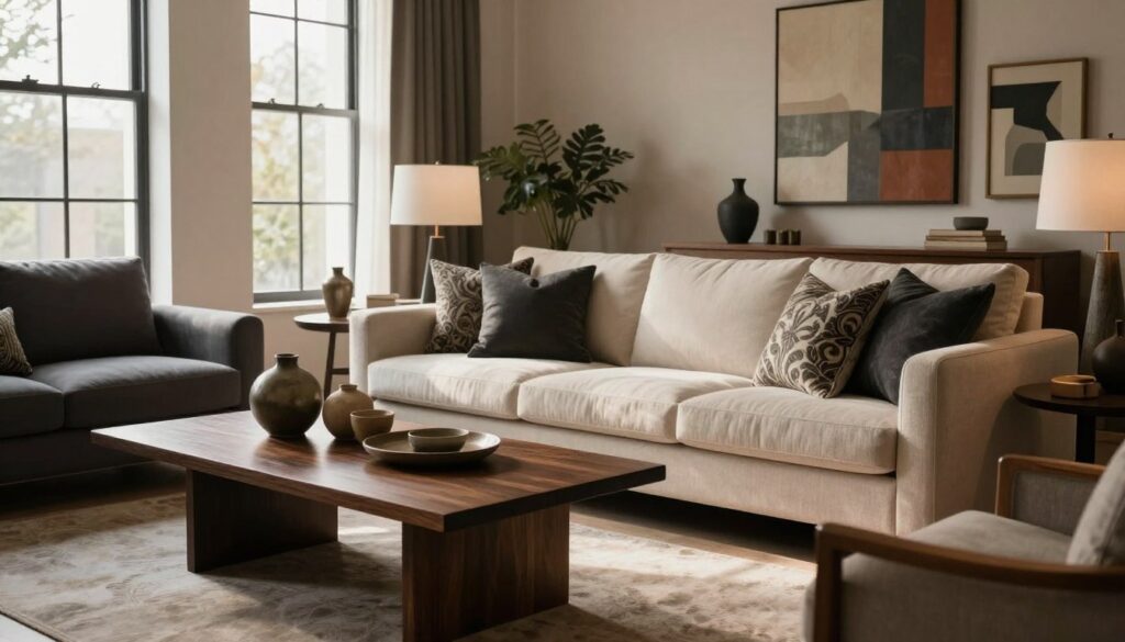 A beautifully arranged living space featuring a variety of rich and subtle shades of furniture. In the foreground, an elegant dark wooden coffee table showcases a selection of decorative objects in muted tones. In the middle, a plush light-colored sofa contrasts with dark, intricately patterned cushions that add depth. Surrounding the furniture, natural light flows in through large windows, casting soft shadows and creating a warm atmosphere. The background reveals tasteful wall art in coordinating colors, enhancing the overall aesthetic. Capture the delicate balance of dark and light elements that harmonize under the gentle glow of ambient lighting, conveying a sense of tranquility and sophistication. Use a wide-angle lens perspective to emphasize the spaciousness and inviting nature of the room.