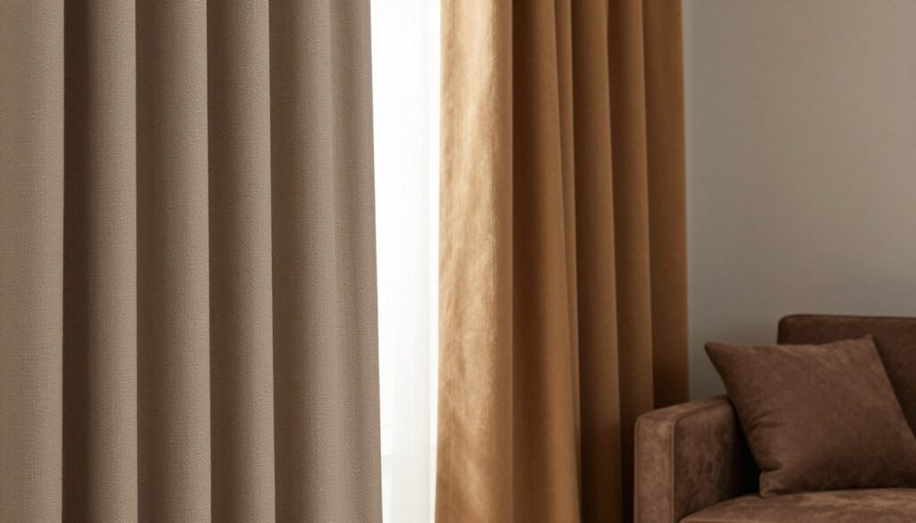 A beautifully arranged room showcasing elegant curtains made from various fabric textures suitable for window treatment. In the foreground, display a soft, flowing curtain in a warm taupe color, highlighting its delicate drape and intricate weave. The middle ground features a pair of structured curtains in a rich caramel hue, accentuating their luxurious fabric and subtle sheen. In the background, hint at a neutral-toned wall to emphasize the interplay of colors, while a cozy, tasteful brown sofa complements the curtains. Soft, diffused natural lighting streams through the curtains, creating a warm and inviting atmosphere. Aim for a relaxed, sophisticated mood that captures the essence of enhancing window decor through texture and color combinations.
