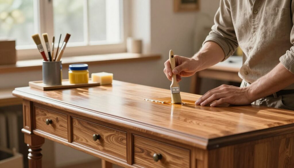 A beautifully arranged scene showcases the careful process of protecting furniture surfaces with lacquer or wax. In the foreground, a wooden piece of furniture with a glossy finish, showcasing intricate details and textures, is being meticulously coated by a professional wearing modest casual clothing. In the middle ground, various tools of the trade, including paintbrushes, cans of lacquer, and wax, are artfully displayed, emphasizing the craftsmanship involved in the process. The background features a well-lit workshop with soft, natural lighting filtering through large windows, casting gentle shadows that enhance the serene atmosphere. The color palette consists of warm tones, highlighting the richness of the wood and creating a welcoming vibe. The overall mood is one of dedication and artistry, illustrating the importance of surface protection for longevity. A beautifully arranged scene showcases the careful process of protecting furniture surfaces with lacquer or wax. In the foreground, a wooden piece of furniture with a glossy finish, showcasing intricate details and textures, is being meticulously coated by a professional wearing modest casual clothing. In the middle ground, various tools of the trade, including paintbrushes, cans of lacquer, and wax, are artfully displayed, emphasizing the craftsmanship involved in the process. The background features a well-lit workshop with soft, natural lighting filtering through large windows, casting gentle shadows that enhance the serene atmosphere. The color palette consists of warm tones, highlighting the richness of the wood and creating a welcoming vibe. The overall mood is one of dedication and artistry, illustrating the importance of surface protection for longevity.