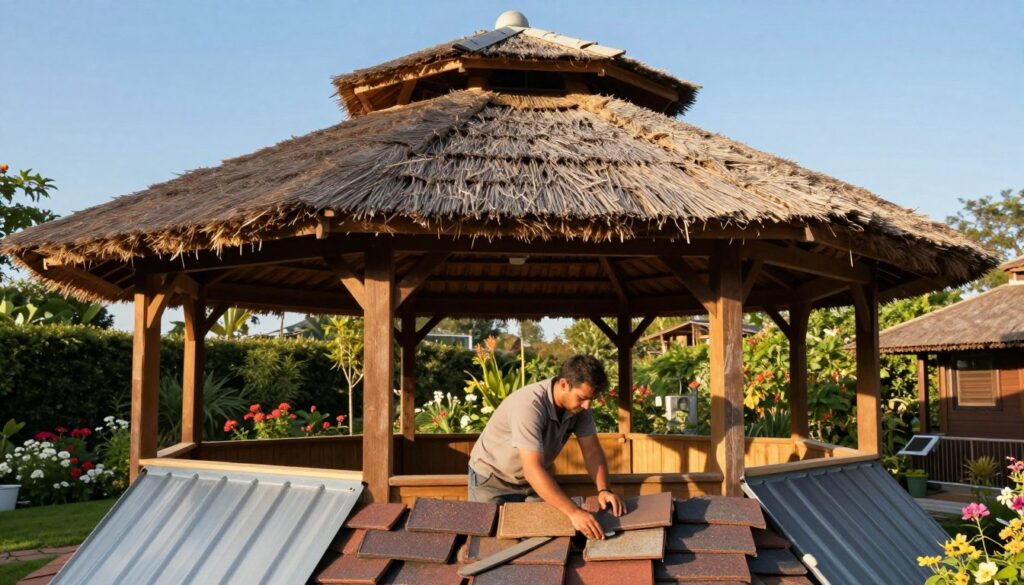 A beautifully constructed gazebo with a well-defined roof structure, showcasing various roofing materials like thatch, shingles, and metal. In the foreground, a craftsman is skillfully placing roofing tiles, demonstrating proper techniques, wearing modest work attire. The middle ground features a lush garden with vibrant flowers, contrasting the earthy tones of the gazebo. The background reveals a clear blue sky, casting warm sunlight onto the scene, highlighting the textures of the roofing materials. The atmosphere is serene and professional, evoking a sense of craftsmanship and attention to detail. The angle is slightly elevated, providing a comprehensive view of the entire gazebo while maintaining focus on the roofing process. A beautifully constructed gazebo with a well-defined roof structure, showcasing various roofing materials like thatch, shingles, and metal. In the foreground, a craftsman is skillfully placing roofing tiles, demonstrating proper techniques, wearing modest work attire. The middle ground features a lush garden with vibrant flowers, contrasting the earthy tones of the gazebo. The background reveals a clear blue sky, casting warm sunlight onto the scene, highlighting the textures of the roofing materials. The atmosphere is serene and professional, evoking a sense of craftsmanship and attention to detail. The angle is slightly elevated, providing a comprehensive view of the entire gazebo while maintaining focus on the roofing process.
