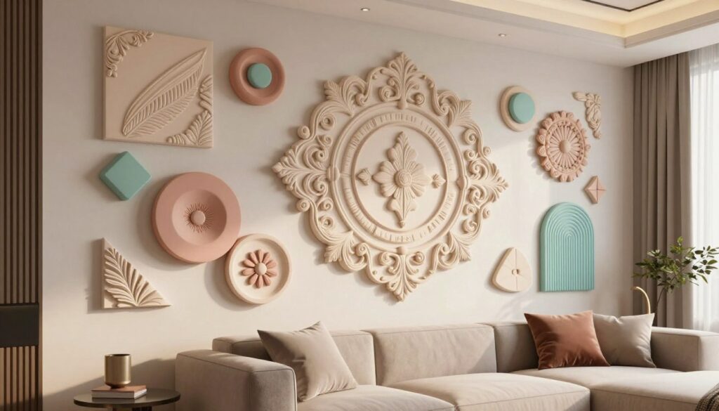 A beautifully designed living room wall showcasing stunning three-dimensional wall decorations and intricate plasterwork. In the foreground, elegantly crafted geometric shapes and floral motifs in soft pastels create a captivating visual effect, casting subtle shadows. The middle layer features a large, ornate piece that harmonizes with smaller, layered sculptures around it, adding depth and dimension. In the background, a stylish and modern sofa completes the scene, providing a cozy yet sophisticated atmosphere. The lighting is warm and inviting, with soft natural light filtering through a nearby window, enhancing the textures and details of the wall decorations. The overall mood is one of elegance and creativity, perfect for a stylish living space. A beautifully designed living room wall showcasing stunning three-dimensional wall decorations and intricate plasterwork. In the foreground, elegantly crafted geometric shapes and floral motifs in soft pastels create a captivating visual effect, casting subtle shadows. The middle layer features a large, ornate piece that harmonizes with smaller, layered sculptures around it, adding depth and dimension. In the background, a stylish and modern sofa completes the scene, providing a cozy yet sophisticated atmosphere. The lighting is warm and inviting, with soft natural light filtering through a nearby window, enhancing the textures and details of the wall decorations. The overall mood is one of elegance and creativity, perfect for a stylish living space.