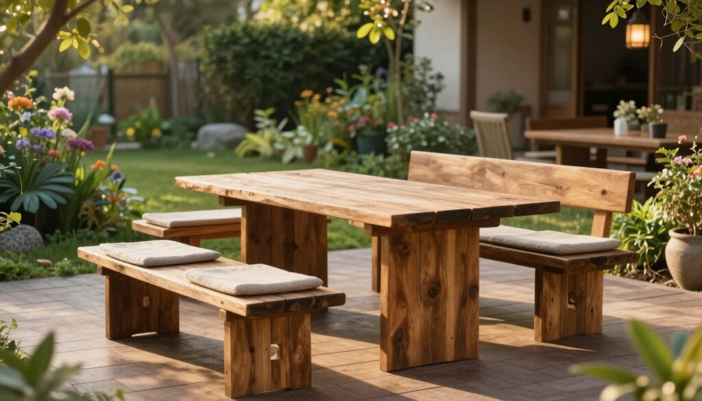 A beautifully designed outdoor seating set made from wooden planks, showcasing a rustic and functional style. In the foreground, a sturdy table constructed from reclaimed wood, surrounded by matching benches with cozy cushions. In the middle ground, lush greenery surrounds the seating area, creating a serene and inviting atmosphere. The background features a soft-focus garden with flowering plants and hanging lanterns for decorative lighting. The image is bathed in warm, golden hour sunlight, enhancing the natural wood tones and the inviting ambiance of a relaxing outdoor space. Capture this scene with a wide-angle perspective to emphasize the overall layout and harmony of the furniture in a tranquil garden setting. A beautifully designed outdoor seating set made from wooden planks, showcasing a rustic and functional style. In the foreground, a sturdy table constructed from reclaimed wood, surrounded by matching benches with cozy cushions. In the middle ground, lush greenery surrounds the seating area, creating a serene and inviting atmosphere. The background features a soft-focus garden with flowering plants and hanging lanterns for decorative lighting. The image is bathed in warm, golden hour sunlight, enhancing the natural wood tones and the inviting ambiance of a relaxing outdoor space. Capture this scene with a wide-angle perspective to emphasize the overall layout and harmony of the furniture in a tranquil garden setting.