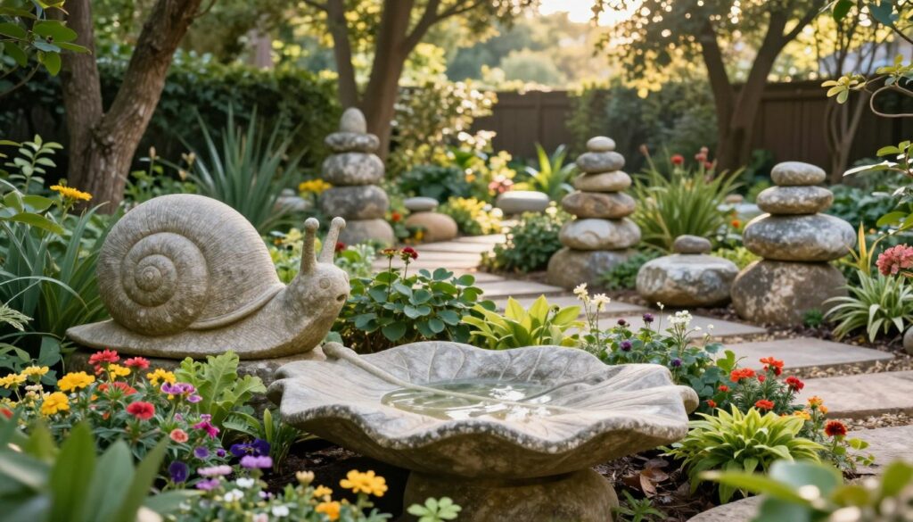 A beautifully landscaped garden featuring an array of stone decorations. In the foreground, showcase a handcrafted stone birdbath shaped like a large leaf, surrounded by colorful flowering plants. The middle ground displays a series of artistic stone sculptures, including a whimsical snail and small stacked stone piles, all harmoniously integrated with lush greenery. In the background, gentle sunlight filters through tall trees, casting dappled light across the scene, enhancing the natural ambiance. The atmosphere is tranquil and inviting, with a soft focus that captures the serene details of the stone textures and the vibrant garden life. Use a warm color palette, and a slightly elevated angle to create a captivating view of the entire garden setting. A beautifully landscaped garden featuring an array of stone decorations. In the foreground, showcase a handcrafted stone birdbath shaped like a large leaf, surrounded by colorful flowering plants. The middle ground displays a series of artistic stone sculptures, including a whimsical snail and small stacked stone piles, all harmoniously integrated with lush greenery. In the background, gentle sunlight filters through tall trees, casting dappled light across the scene, enhancing the natural ambiance. The atmosphere is tranquil and inviting, with a soft focus that captures the serene details of the stone textures and the vibrant garden life. Use a warm color palette, and a slightly elevated angle to create a captivating view of the entire garden setting.