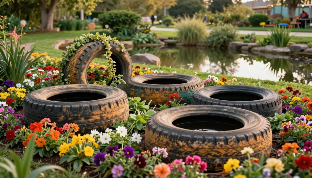 A beautifully landscaped garden featuring decorative wells made from repurposed tires. In the foreground, vibrant, colorful flowers bloom around the tire wells, which have been artistically arranged to resemble water features. The middle ground captures the texture of the weathered tires, painted in earthy tones, with small plants cascading over the edges. A serene pond reflects the sky in the background, bordered by lush greenery and trees. The lighting is soft and warm, evoking a tranquil afternoon. This composition is taken from a slight angle to emphasize the depth and layering of the scene, creating an inviting atmosphere perfect for garden enthusiasts. The image is vibrant yet harmonious, highlighting creativity in garden decor while maintaining a natural aesthetic. A beautifully landscaped garden featuring decorative wells made from repurposed tires. In the foreground, vibrant, colorful flowers bloom around the tire wells, which have been artistically arranged to resemble water features. The middle ground captures the texture of the weathered tires, painted in earthy tones, with small plants cascading over the edges. A serene pond reflects the sky in the background, bordered by lush greenery and trees. The lighting is soft and warm, evoking a tranquil afternoon. This composition is taken from a slight angle to emphasize the depth and layering of the scene, creating an inviting atmosphere perfect for garden enthusiasts. The image is vibrant yet harmonious, highlighting creativity in garden decor while maintaining a natural aesthetic.