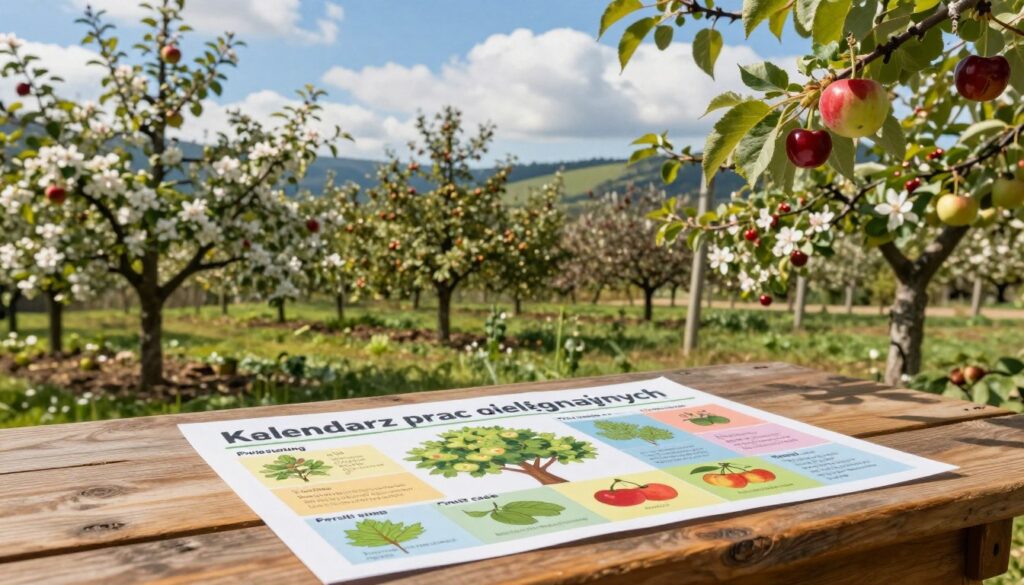 A beautifully organized garden scene depicting a "Kalendarz prac pielęgnacyjnych" for fruit trees. In the foreground, a colorful chart listing seasonal tasks for fruit tree care, such as pruning, fertilizing, and harvesting, laid out on a rustic wooden table. The middle ground features a well-tended orchard with various types of fruit trees, including apple, cherry, and pear, each in different growth stages, showcasing blossoms and fruits. The background displays rolling hills under a bright blue sky with fluffy white clouds, emphasizing a serene atmosphere. Soft, natural lighting illuminates the scene, creating a warm and inviting mood. The angle focuses on the table, capturing the depth of the orchard behind, while a gentle breeze ruffles the leaves, suggesting a vibrant and thriving garden environment.