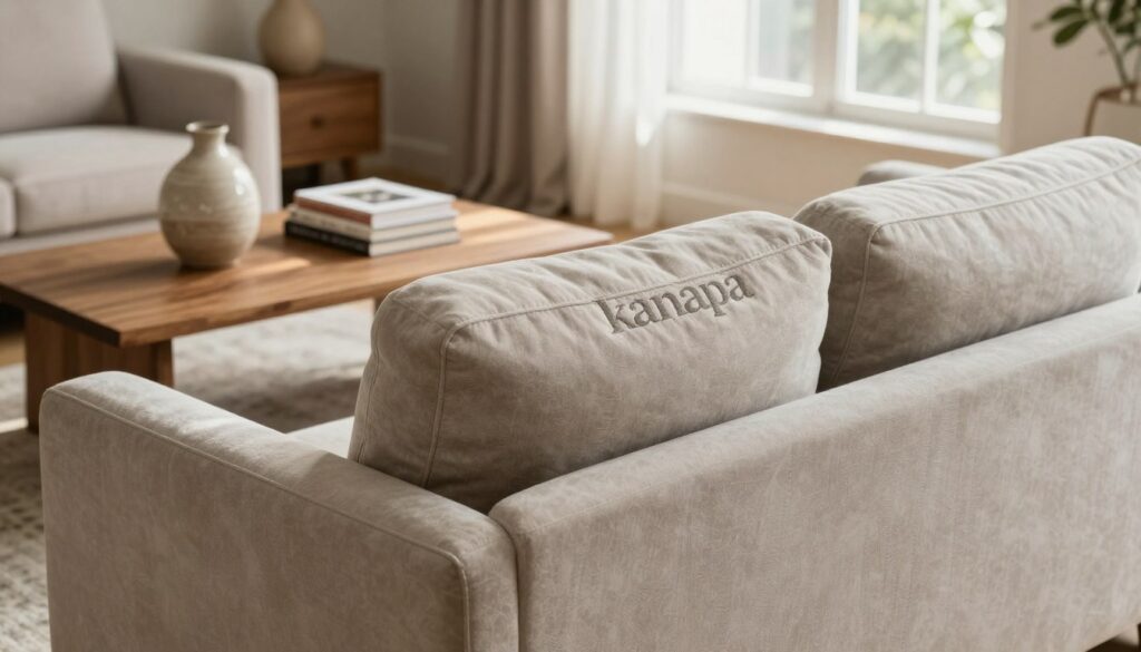 A beautifully renovated "kanapa" (sofa) as the focal point in a cozy living room. The foreground features a plush, elegantly upholstered sofa in soft, neutral tones, with intricate stitching and subtle texture that highlights its craftsmanship. In the middle ground, a warm wooden coffee table adorned with a decorative vase and a neatly arranged stack of design books complements the sofa. In the background, a softly lit room with a large window allows natural light to filter through sheer curtains, casting gentle shadows that enhance the inviting atmosphere. The mood is warm and welcoming, capturing the essence of thoughtful furniture restoration and inviting relaxation. Camera angle is slightly elevated, showcasing the sofa's features and the harmonious layout of the room, shot with a soft focus to create a serene environment.