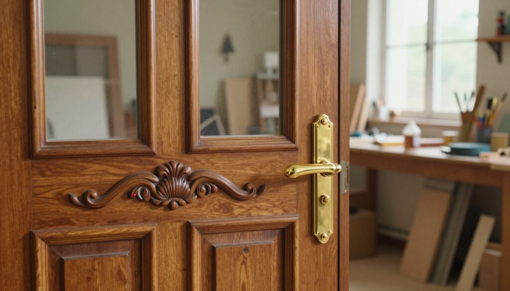 A beautifully restored wooden door with intricate details and glass panels, showcasing the careful craftsmanship involved in its renovation. The foreground features a close-up view of the door, highlighting the rich, polished wood grain, ornate carvings, and gleaming brass hardware. In the middle ground, tools like sandpaper, wood stain, and brushes are elegantly arranged, indicating the meticulous process of refurbishment. The background shows a cozy workshop atmosphere with soft, natural lighting streaming through the windows, creating a warm, inviting glow. The scene captures a moment of dedication and artistry, evoking a sense of patience and respect for traditional techniques in wooden door restoration. A beautifully restored wooden door with intricate details and glass panels, showcasing the careful craftsmanship involved in its renovation. The foreground features a close-up view of the door, highlighting the rich, polished wood grain, ornate carvings, and gleaming brass hardware. In the middle ground, tools like sandpaper, wood stain, and brushes are elegantly arranged, indicating the meticulous process of refurbishment. The background shows a cozy workshop atmosphere with soft, natural lighting streaming through the windows, creating a warm, inviting glow. The scene captures a moment of dedication and artistry, evoking a sense of patience and respect for traditional techniques in wooden door restoration.