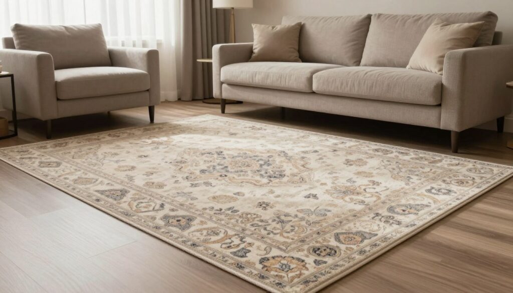 A beautifully styled living room featuring a large, elegant area rug prominently displayed in the center. The foreground shows the detail of the rug's intricate pattern and soft texture. In the middle ground, a stylish fabric sofa in a complementary color sits against the wall, adorned with plush cushions that harmonize with the rug. The background features warm light filtering through sheer curtains, casting a cozy and inviting ambiance. The room is decorated with minimalistic furniture and tasteful decor, enhancing the overall sophistication. Use soft, natural lighting to create a serene atmosphere, capturing the essence of choosing the right rug size that balances with furniture layout. The perspective should be slightly elevated, showcasing both the rug's scale in relation to the sofa and the overall elegance of the space.