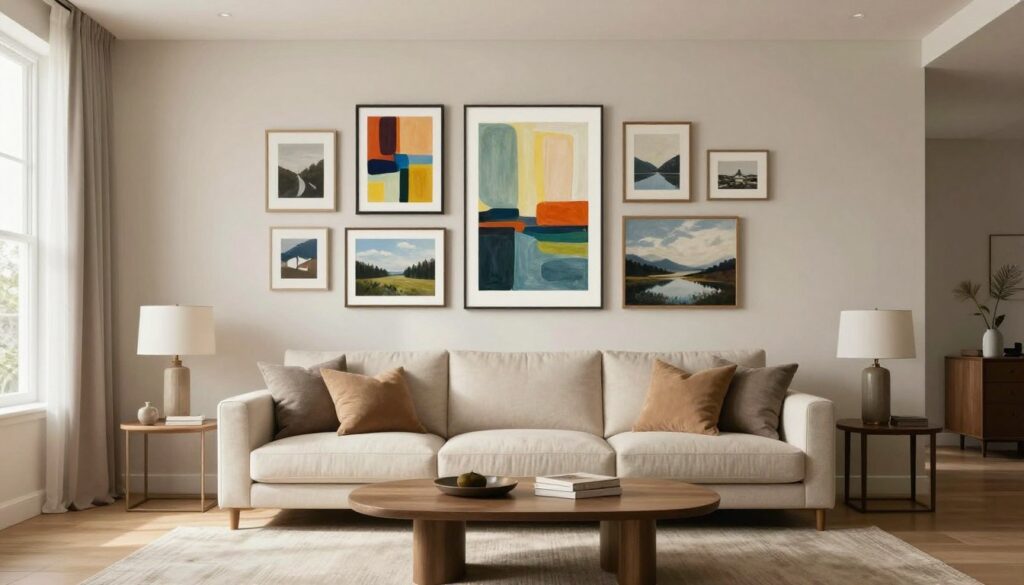 A beautifully styled living room featuring a modern sofa against a light, neutral-colored wall. Above the sofa, a well-curated gallery wall displays a variety of art pieces, showcasing an arrangement of colorful abstract paintings and classic landscapes, all hung at an ideal height according to design principles. Soft, natural light filters through a nearby window, creating a warm and inviting atmosphere. A cozy rug underfoot and a stylish coffee table in front of the sofa complete the scene. The image should be captured with a wide-angle lens to emphasize the spaciousness of the room, ensuring a harmonious balance of proportions in the decor. The overall mood is elegant and inviting, exemplifying aesthetic beauty and interior design harmony.