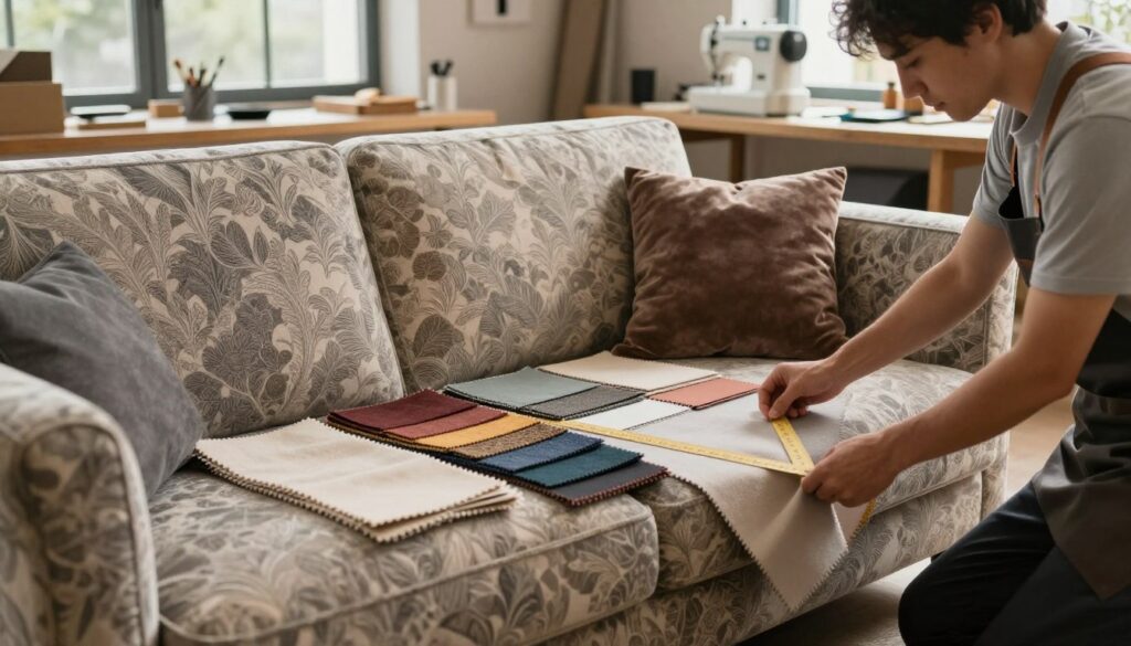 A beautifully upholstered sofa with intricate fabric patterns, showcasing various textures ranging from soft velvet to durable canvas. In the foreground, a skilled upholsterer, dressed in professional attire, meticulously measuring and cutting fabric. The middle ground features a variety of fabric samples spread out in an organized fashion, highlighting different colors and materials suitable for sofa upholstery. The background includes a cozy workshop setting with tools, sewing machines, and large windows allowing soft, natural light to filter through, casting gentle shadows and creating a warm atmosphere. The overall mood conveys craftsmanship and attention to detail, reflecting the importance of choosing the right upholstery for a sofa.