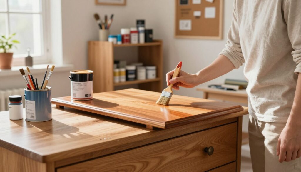 A bright and airy workshop interior, featuring a person wearing a modest casual outfit, carefully painting a piece of furniture, such as a wooden dresser, with a soft brush. In the foreground, the dresser is partially painted in a rich, glossy color, showcasing a smooth finish, while paint cans and brushes are organized neatly around it. The middle ground reveals a well-stocked shelf with various paint types and tools. Sunlight streams through a nearby window, casting warm, inviting light across the scene, emphasizing the texture of the wood and the vibrant colors. In the background, a corkboard highlights step-by-step instructions for furniture painting. The atmosphere is calm and creative, inspiring home DIY projects. A bright and airy workshop interior, featuring a person wearing a modest casual outfit, carefully painting a piece of furniture, such as a wooden dresser, with a soft brush. In the foreground, the dresser is partially painted in a rich, glossy color, showcasing a smooth finish, while paint cans and brushes are organized neatly around it. The middle ground reveals a well-stocked shelf with various paint types and tools. Sunlight streams through a nearby window, casting warm, inviting light across the scene, emphasizing the texture of the wood and the vibrant colors. In the background, a corkboard highlights step-by-step instructions for furniture painting. The atmosphere is calm and creative, inspiring home DIY projects.
