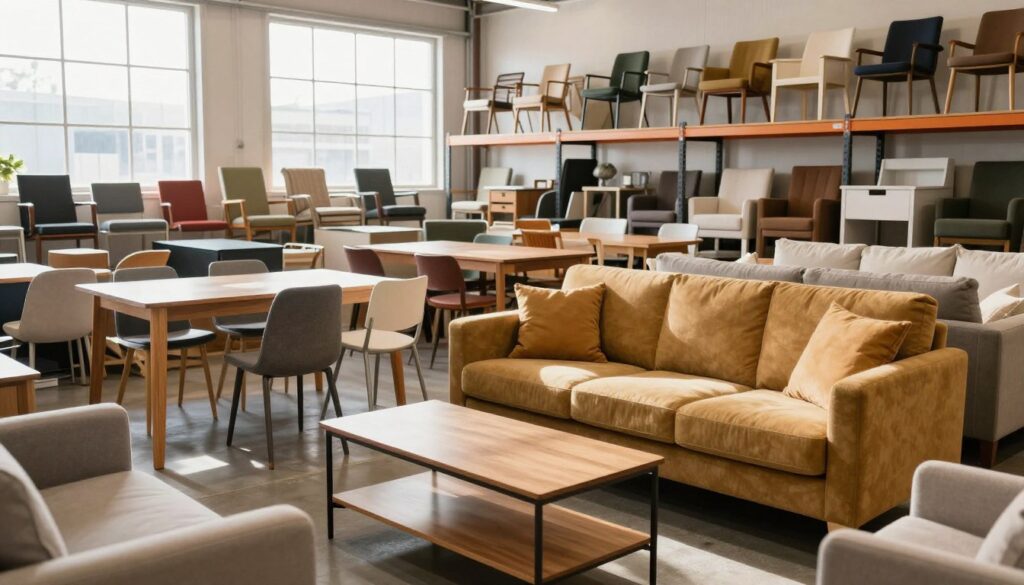 A bright and inviting warehouse setting filled with an array of discounted furniture pieces. In the foreground, a cozy sofa in warm colors and a stylish coffee table are prominently displayed, showcasing their quality. In the middle ground, shelves stacked with various chairs, tables, and storage units create a sense of abundance. Large windows in the background let in natural light, highlighting the furniture. The mood is cheerful and optimistic, reflecting savings and great deals. Soft shadows cast by the sunlight add warmth to the scene. The image should be taken from a slightly angled viewpoint to capture the depth of the warehouse and the variety of furniture available. A bright and inviting warehouse setting filled with an array of discounted furniture pieces. In the foreground, a cozy sofa in warm colors and a stylish coffee table are prominently displayed, showcasing their quality. In the middle ground, shelves stacked with various chairs, tables, and storage units create a sense of abundance. Large windows in the background let in natural light, highlighting the furniture. The mood is cheerful and optimistic, reflecting savings and great deals. Soft shadows cast by the sunlight add warmth to the scene. The image should be taken from a slightly angled viewpoint to capture the depth of the warehouse and the variety of furniture available.