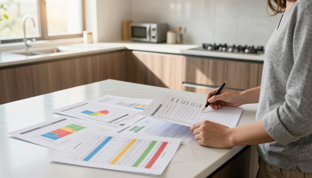 A bright and modern kitchen interior, showcasing a meticulous budget analysis spread across the countertop. In the foreground, there are detailed spreadsheets and color-coded charts displaying costs of custom kitchen furniture. The middle background features elegant cabinetry with a mix of shades, highlighting their textures and finishes. The sunny morning light streams through a large window, creating a warm and inviting atmosphere. A stylish professional in smart casual clothing examines the documents, adding a human touch to the scene. The overall mood is focused and analytical, reflecting a practical approach to budget planning for custom kitchen designs, with a clarity that invites detailed inspection. A bright and modern kitchen interior, showcasing a meticulous budget analysis spread across the countertop. In the foreground, there are detailed spreadsheets and color-coded charts displaying costs of custom kitchen furniture. The middle background features elegant cabinetry with a mix of shades, highlighting their textures and finishes. The sunny morning light streams through a large window, creating a warm and inviting atmosphere. A stylish professional in smart casual clothing examines the documents, adding a human touch to the scene. The overall mood is focused and analytical, reflecting a practical approach to budget planning for custom kitchen designs, with a clarity that invites detailed inspection.