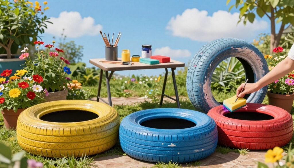 A bright, sunny garden scene featuring a variety of colorful painted tires, demonstrating different painting techniques. In the foreground, several neatly arranged tires in vibrant colors, showcasing smooth brush strokes, splatter painting, and sponge techniques, each surrounded by vibrant flowers and greenery. The middle ground includes a small table with various painting supplies like brushes, paint cans, and sponges, with a hand applying paint to a tire. In the background, a clear blue sky with a few fluffy clouds enhances the cheerful atmosphere, and soft sunlight casts gentle shadows. The image should convey a sense of creativity and outdoor fun, with a focus on the techniques for painting tires. A bright, sunny garden scene featuring a variety of colorful painted tires, demonstrating different painting techniques. In the foreground, several neatly arranged tires in vibrant colors, showcasing smooth brush strokes, splatter painting, and sponge techniques, each surrounded by vibrant flowers and greenery. The middle ground includes a small table with various painting supplies like brushes, paint cans, and sponges, with a hand applying paint to a tire. In the background, a clear blue sky with a few fluffy clouds enhances the cheerful atmosphere, and soft sunlight casts gentle shadows. The image should convey a sense of creativity and outdoor fun, with a focus on the techniques for painting tires.