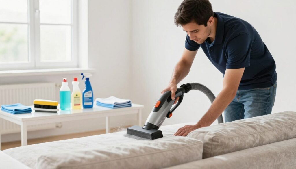 A bright, well-lit room featuring a professional cleaning scene for upholstery. In the foreground, a focused technician wearing smart casual clothing is using a specialized steam cleaner on a large, plush sofa, demonstrating careful technique. The middle ground features a variety of cleaning supplies neatly arranged, including brushes, bottles, and microfiber cloths, emphasizing preparation for professional upholstery cleaning. In the background, a window lets in natural light, illuminating the room and highlighting the cleanliness of the space. The mood is calm and industrious, reflecting a sense of professionalism and care in the process of upholstery care, ensuring the image conveys clarity and focus on the subject of preparing for professional cleaning services.