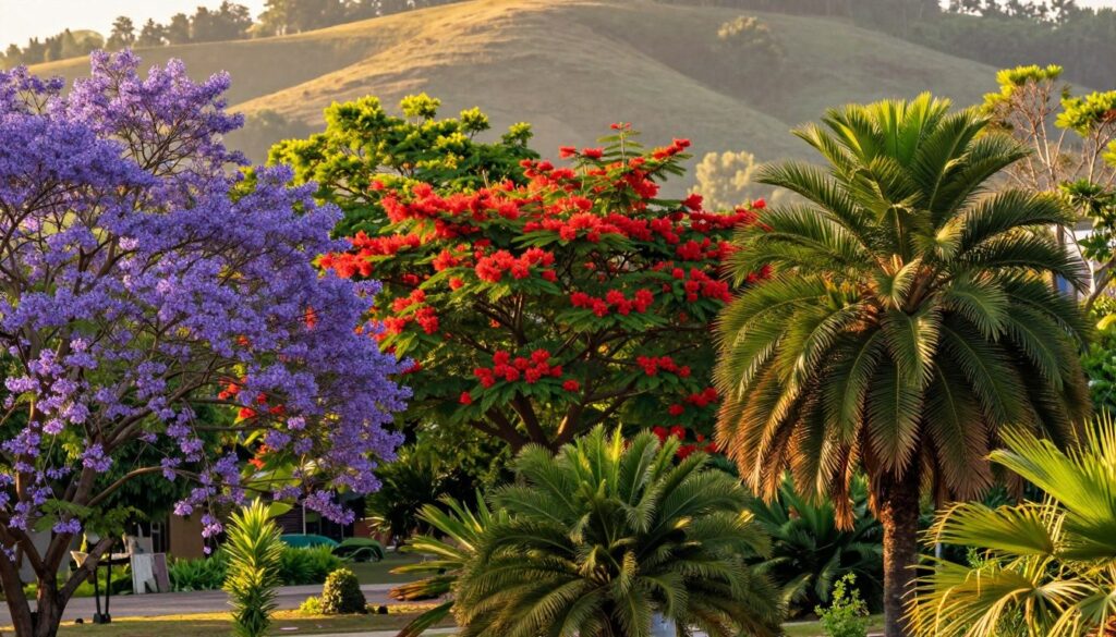 A captivating landscape featuring exotic trees suited for a Polish climate. In the foreground, showcase a variety of ornamental trees such as a vibrant purple jacaranda and a lush green palm, with intricate leaf details and textures. The middle ground includes a blend of flowering trees like the stunning red-flowered Erythrina, surrounded by rich greenery. In the background, a soft focus reveals a gentle hillside, bathed in golden sunlight. Utilize warm, natural lighting to enhance the colors, creating an inviting atmosphere. A wide-angle shot captures the grandeur of these exotic species, promoting a sense of tranquility and natural beauty, ideal for inspiring garden enthusiasts and nature lovers.