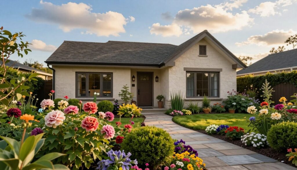 A charming front garden in full bloom, situated in front of a cozy, welcoming house. In the foreground, vibrant flower beds filled with colorful perennials and neatly trimmed shrubs, creating a beautiful contrast against the home’s façade. In the middle, a winding stone path leads to the front door, lined with small ornamental plants and seasonal flowers, evoking a sense of warmth. The background features a clear blue sky with soft, fluffy clouds, gently illuminated by the golden light of late afternoon. This idyllic scene is captured from a slight low angle to emphasize the garden’s lushness and inviting atmosphere. The overall mood is serene and inviting, perfect for illustrating a well-designed entrance garden that enhances the property’s appeal year-round.