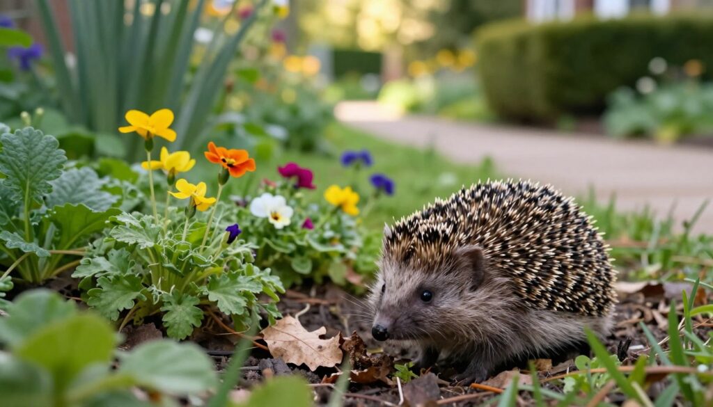 A charming garden scene featuring a hedgehog, known as "jeż ogrodu," nestled among lush greenery. In the foreground, the hedgehog, with its spiky, quilled back and curious expression, is seen foraging near a small pile of fallen leaves and garden debris that provide natural hiding spots. In the middle ground, colorful wildflowers bloom vibrantly, enhancing the garden's biodiversity. The background features a soft-focus view of a gentle curve of a garden path, flanked by bushy hedges and dappled sunlight filtering through the leaves, creating a warm and inviting atmosphere. The angle is slightly elevated to capture the hedgehog's perspective, emphasizing its connection to the natural environment. The overall mood conveys tranquility and the beauty of inviting wildlife into one's garden.