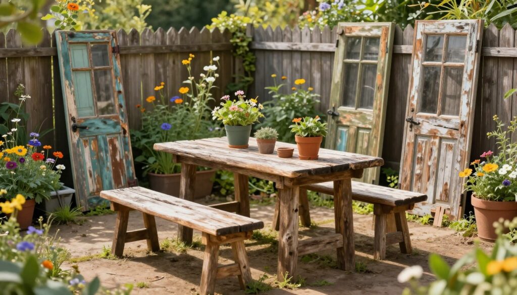 A charming garden scene featuring practical outdoor furniture crafted from reclaimed old doors. In the foreground, a rustic table and benches made from weathered wood doors, adorned with potted plants and garden tools. The middle ground showcases colorful wildflowers and lush greenery, creating a vibrant atmosphere. In the background, a picket fence and soft sunlight filtering through trees, casting gentle shadows across the scene. Use a warm color palette to evoke a cozy, inviting mood. The image should be captured from a slightly elevated angle, emulating a natural perspective, with soft focus on the background to emphasize the furniture.