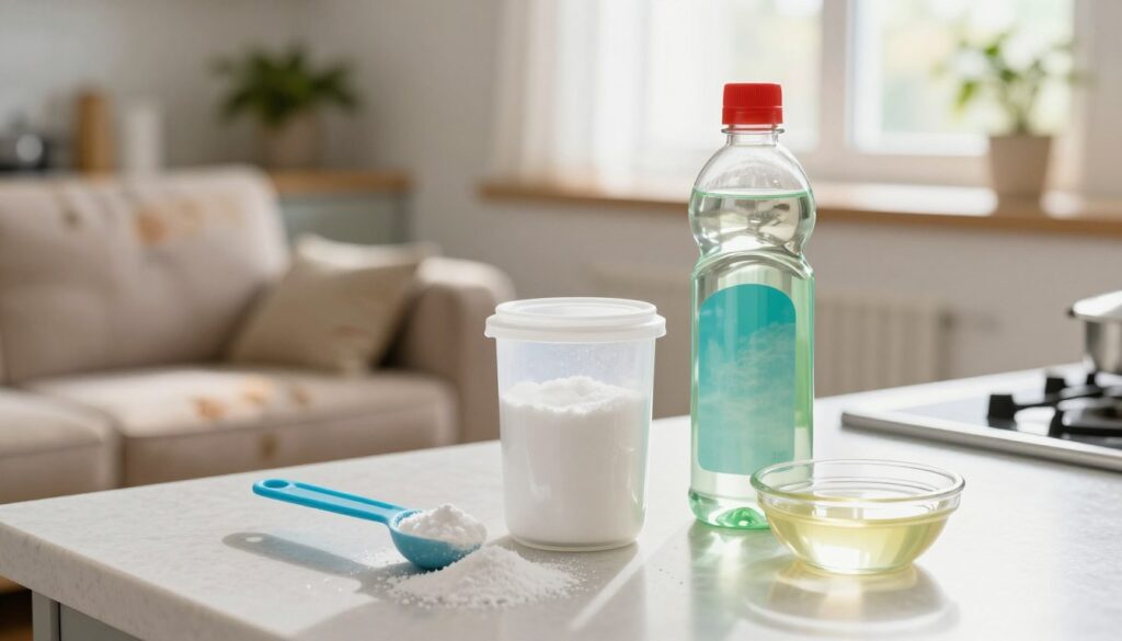 A clean and inviting kitchen countertop featuring a vibrant, open container of baking soda and a bottle of vinegar, artfully arranged to emphasize their natural properties. Foreground includes a measuring spoon scooping baking soda, with a small dish of vinegar catching light. In the middle, a worn, slightly stained couch can be seen, almost out of focus, hinting at its purpose related to upholstery cleaning. The background features soft-focus kitchen elements, like a plant and a bright window allowing sunlight to cast a warm glow. The overall mood is fresh and hopeful, with a clean, organized aesthetic, inviting viewers to explore effective cleaning methods. The image should have a crisp focus, capturing details with a slightly elevated angle, creating an engaging composition. A clean and inviting kitchen countertop featuring a vibrant, open container of baking soda and a bottle of vinegar, artfully arranged to emphasize their natural properties. Foreground includes a measuring spoon scooping baking soda, with a small dish of vinegar catching light. In the middle, a worn, slightly stained couch can be seen, almost out of focus, hinting at its purpose related to upholstery cleaning. The background features soft-focus kitchen elements, like a plant and a bright window allowing sunlight to cast a warm glow. The overall mood is fresh and hopeful, with a clean, organized aesthetic, inviting viewers to explore effective cleaning methods. The image should have a crisp focus, capturing details with a slightly elevated angle, creating an engaging composition.