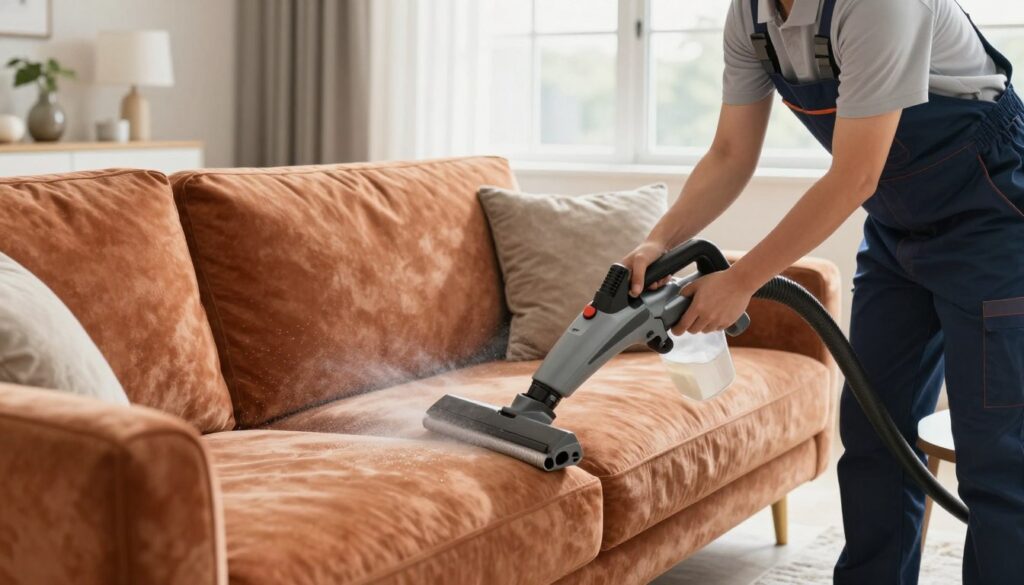 A clean and modern living room setting with a professional cleaning technician in a smart uniform, focusing on deep cleaning a plush sofa. In the foreground, the technician is using a powerful upholstery cleaning machine, spraying a gentle cleaning solution onto the fabric. The middle of the image showcases the sofa, highlighting its rich textures and vibrant colors, with small dirt particles being released as the cleaning process occurs. In the background, soft natural light enters through a large window, illuminating the room and creating a warm atmosphere, while decorative home items like cushions and a coffee table add charm. The overall mood is fresh, hopeful, and inviting, emphasizing the importance of professional upholstery cleaning.
