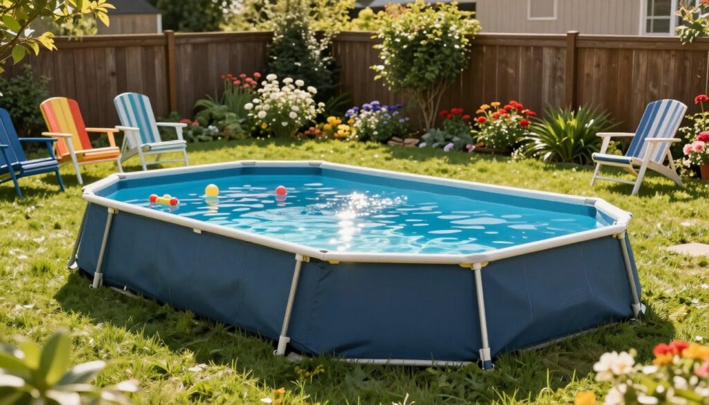 A clear, inviting backyard scene featuring an above-ground pool that complements its surrounding landscape. In the foreground, lush green grass frames the pool area, where a few colorful poolside chairs are arranged for relaxation. The middle ground shows the sparkling water of the pool, reflecting sunlight, with a few floating pool toys adding a playful touch. In the background, a well-maintained garden full of blooming flowers and shrubs creates a serene atmosphere, while a wooden fence softly contains the space. The lighting is warm and natural, suggesting a sunny afternoon, with vibrant colors enhancing the beauty of the garden. The image captures a tranquil, family-friendly vibe suitable for discussing pool size selection and suitability for garden spaces. A clear, inviting backyard scene featuring an above-ground pool that complements its surrounding landscape. In the foreground, lush green grass frames the pool area, where a few colorful poolside chairs are arranged for relaxation. The middle ground shows the sparkling water of the pool, reflecting sunlight, with a few floating pool toys adding a playful touch. In the background, a well-maintained garden full of blooming flowers and shrubs creates a serene atmosphere, while a wooden fence softly contains the space. The lighting is warm and natural, suggesting a sunny afternoon, with vibrant colors enhancing the beauty of the garden. The image captures a tranquil, family-friendly vibe suitable for discussing pool size selection and suitability for garden spaces.