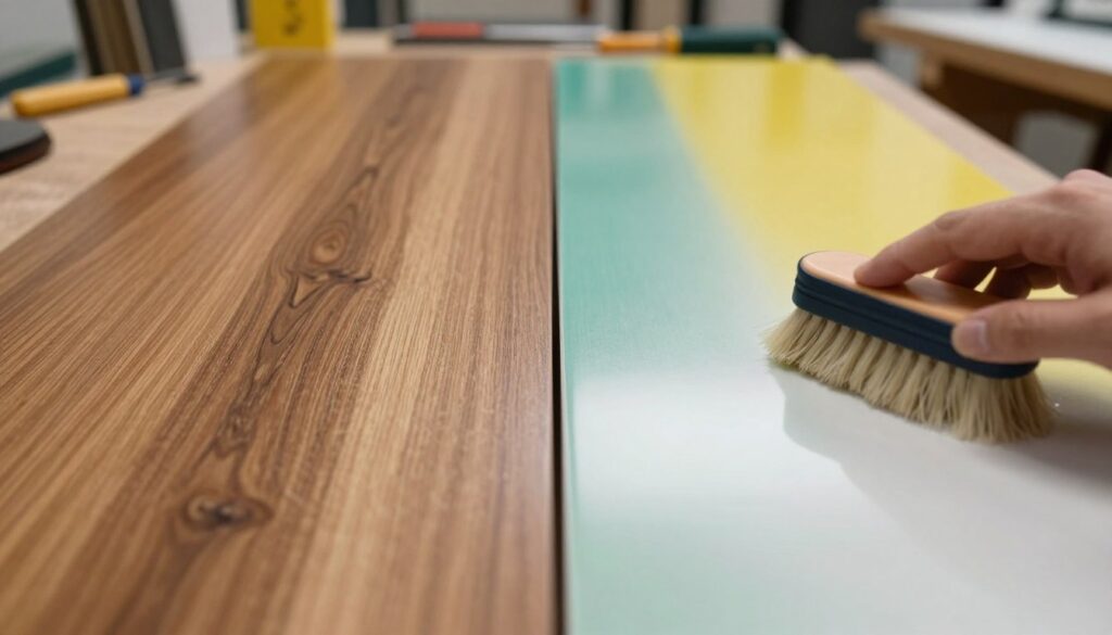 A close-up image featuring a side-by-side comparison of veneer and laminate surfaces. On the left, a rich, textured wood veneer displaying natural grain patterns, reflecting warm, soft light that enhances its depth. On the right, a smooth, colorful laminate with a glossy finish, illuminated by bright, even lighting that brings out its vibrant colors. The foreground shows a hand brushing over both surfaces, suggesting tactile exploration. The background consists of a softly blurred workshop setting, hinting at furniture restoration activity with tools and materials subtly arranged. The atmosphere is informative yet inviting, encouraging viewers to engage and learn about furniture rejuvenation techniques. A close-up image featuring a side-by-side comparison of veneer and laminate surfaces. On the left, a rich, textured wood veneer displaying natural grain patterns, reflecting warm, soft light that enhances its depth. On the right, a smooth, colorful laminate with a glossy finish, illuminated by bright, even lighting that brings out its vibrant colors. The foreground shows a hand brushing over both surfaces, suggesting tactile exploration. The background consists of a softly blurred workshop setting, hinting at furniture restoration activity with tools and materials subtly arranged. The atmosphere is informative yet inviting, encouraging viewers to engage and learn about furniture rejuvenation techniques.