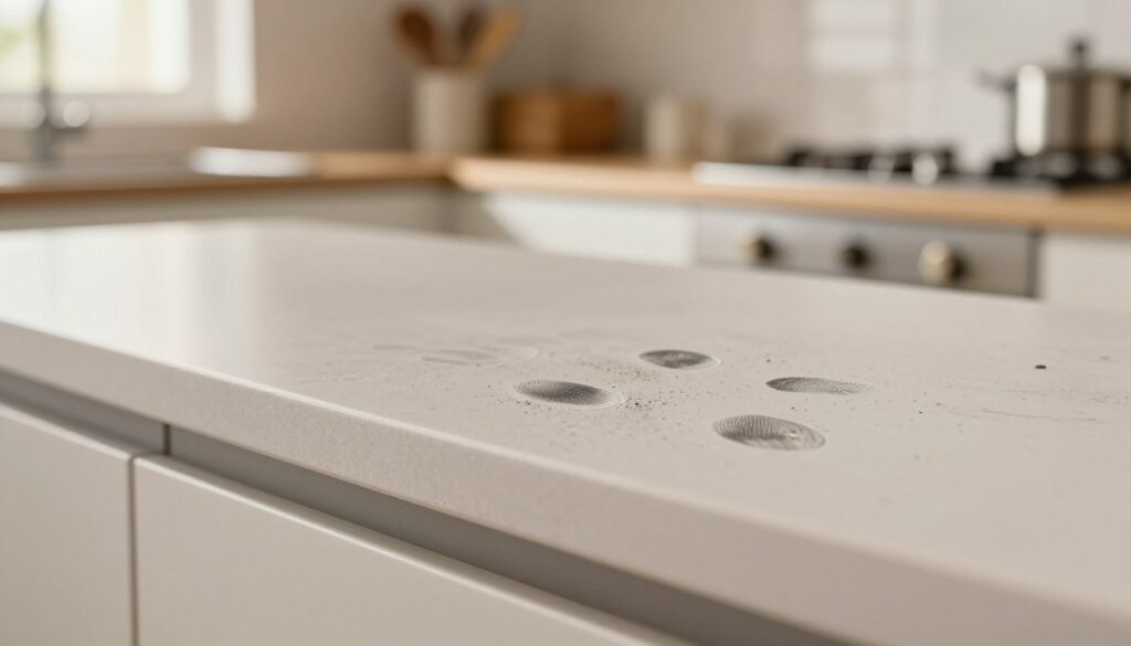 A close-up of a matte kitchen cabinet surface marred by distinct fingerprints, illustrated in exquisite detail. The foreground showcases the smudges prominently, capturing the uneven texture of the matte finish. In the middle ground, a soft-focus view of a kitchen setting, featuring subtle light reflecting off polished utensils. The background features gently blurred kitchen appliances, providing context without distraction. The lighting is warm and inviting, simulating natural sunlight filtering through a window, creating a clean and tranquil atmosphere. The lens perspective tilts slightly to emphasize the fingerprints, inviting viewers to focus on the challenge of maintaining a spotless kitchen while ensuring a sense of professional cleanliness and order. A close-up of a matte kitchen cabinet surface marred by distinct fingerprints, illustrated in exquisite detail. The foreground showcases the smudges prominently, capturing the uneven texture of the matte finish. In the middle ground, a soft-focus view of a kitchen setting, featuring subtle light reflecting off polished utensils. The background features gently blurred kitchen appliances, providing context without distraction. The lighting is warm and inviting, simulating natural sunlight filtering through a window, creating a clean and tranquil atmosphere. The lens perspective tilts slightly to emphasize the fingerprints, inviting viewers to focus on the challenge of maintaining a spotless kitchen while ensuring a sense of professional cleanliness and order.