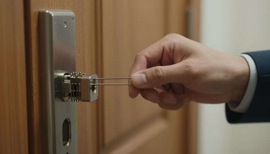 A close-up scene depicting a hand inserting a flat object, like a hairpin, into a door lock, symbolizing the method of unlocking a door with a pin. The foreground features the intricate details of the door lock mechanism, emphasizing the pins and tumblers inside the lock. The middle ground shows the hand, clad in a simple, professional outfit, using the tool with intent. In the background, a blurred image of a wooden door adds context, with warm, ambient light filtering in to create a sense of urgency and tension. The overall mood exudes a mix of curiosity and caution, highlighting the potential complications of this unlocking method without any text or additional distractions. A close-up scene depicting a hand inserting a flat object, like a hairpin, into a door lock, symbolizing the method of unlocking a door with a pin. The foreground features the intricate details of the door lock mechanism, emphasizing the pins and tumblers inside the lock. The middle ground shows the hand, clad in a simple, professional outfit, using the tool with intent. In the background, a blurred image of a wooden door adds context, with warm, ambient light filtering in to create a sense of urgency and tension. The overall mood exudes a mix of curiosity and caution, highlighting the potential complications of this unlocking method without any text or additional distractions.