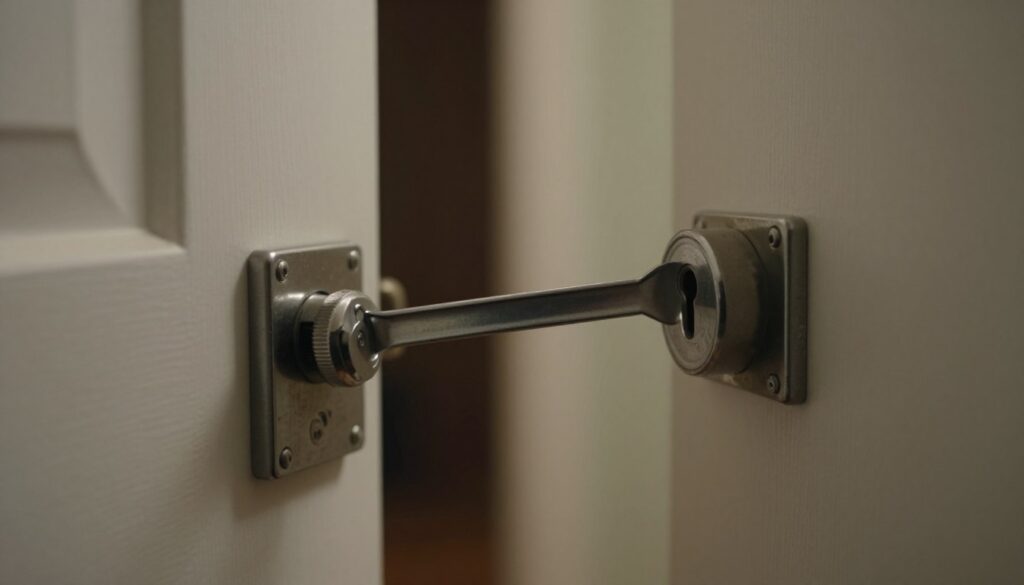 A close-up scene depicting a lock being manipulated with a slim metal shim. The foreground shows the intricate details of the lock, emphasizing its complexity and security features, with the shim poised at the keyhole, reflecting subtle light. In the middle ground, there’s a partially open door revealing a shadowy hallway, suggesting a sense of tension and mystery. The background features soft, diffused lighting creating a focused spotlight effect on the lock, enhancing the dramatic mood. The atmosphere is tense yet educational, conveying the idea that this method of unlocking is often a myth. The setting is realistic, devoid of any human figures, ensuring a professional presentation of the subject. A close-up scene depicting a lock being manipulated with a slim metal shim. The foreground shows the intricate details of the lock, emphasizing its complexity and security features, with the shim poised at the keyhole, reflecting subtle light. In the middle ground, there’s a partially open door revealing a shadowy hallway, suggesting a sense of tension and mystery. The background features soft, diffused lighting creating a focused spotlight effect on the lock, enhancing the dramatic mood. The atmosphere is tense yet educational, conveying the idea that this method of unlocking is often a myth. The setting is realistic, devoid of any human figures, ensuring a professional presentation of the subject.