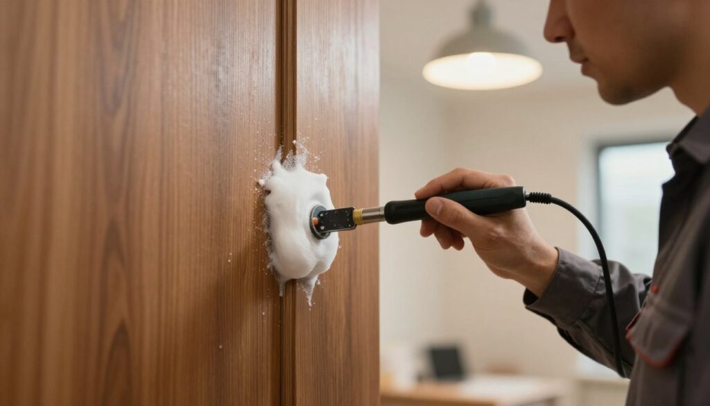 A close-up shot of a professional cleaner carefully removing dried mounting foam from the surface of a wooden door. The cleaner, dressed in a modest work outfit, is using a specialized tool with a flexible blade to gently scrape away the foam without damaging the door's finish. In the background, a soft light illuminates the area, highlighting the door's wood grain and the shiny remnants of the foam. The atmosphere is calm and focused, conveying a sense of diligence and precision. The angle captures the interaction between the tool and the door's surface, emphasizing the meticulous technique used in the cleaning process. A close-up shot of a professional cleaner carefully removing dried mounting foam from the surface of a wooden door. The cleaner, dressed in a modest work outfit, is using a specialized tool with a flexible blade to gently scrape away the foam without damaging the door's finish. In the background, a soft light illuminates the area, highlighting the door's wood grain and the shiny remnants of the foam. The atmosphere is calm and focused, conveying a sense of diligence and precision. The angle captures the interaction between the tool and the door's surface, emphasizing the meticulous technique used in the cleaning process.