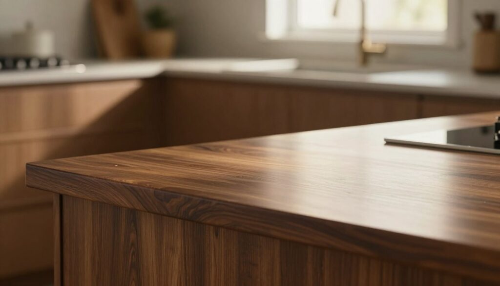 A close-up view of a beautifully crafted kitchen countertop that showcases the influence of lighting on its color and texture. In the foreground, the glossy surface of a dark wood countertop reflects soft, warm lighting, creating a rich, inviting atmosphere. The middle layer features subtle details of a brown kitchen cabinet in the background, complementing the countertop's hue. Natural light streaming in from a nearby window casts gentle shadows, enhancing the textures of the materials. Utilize a shallow depth of field with a slight focus on the countertop’s gleam, creating a dreamy effect. The overall mood is cozy and elegant, emphasizing the harmony of color and material in a contemporary kitchen setting. A close-up view of a beautifully crafted kitchen countertop that showcases the influence of lighting on its color and texture. In the foreground, the glossy surface of a dark wood countertop reflects soft, warm lighting, creating a rich, inviting atmosphere. The middle layer features subtle details of a brown kitchen cabinet in the background, complementing the countertop's hue. Natural light streaming in from a nearby window casts gentle shadows, enhancing the textures of the materials. Utilize a shallow depth of field with a slight focus on the countertop’s gleam, creating a dreamy effect. The overall mood is cozy and elegant, emphasizing the harmony of color and material in a contemporary kitchen setting.