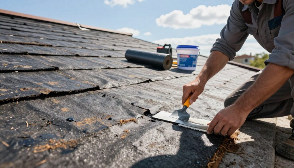 A close-up view of a flat roof covered with dark, weathered roofing felt (papa) showing signs of wear and some visible leaks. In the foreground, a professional roofing contractor, dressed in a modest business attire, kneels beside a repair patch, applying sealant with a trowel, showcasing the method of fixing leaks. The middle ground includes tools such as a roll of roofing felt and a bucket of roofing adhesive, neatly arranged. The background features a clear blue sky with a few scattered clouds, suggesting a bright and optimistic mood. The lighting is natural, with sunlight casting soft shadows, highlighting the textures of the materials. The angle is slightly elevated to capture both the task and the overall roofing scene effectively. A close-up view of a flat roof covered with dark, weathered roofing felt (papa) showing signs of wear and some visible leaks. In the foreground, a professional roofing contractor, dressed in a modest business attire, kneels beside a repair patch, applying sealant with a trowel, showcasing the method of fixing leaks. The middle ground includes tools such as a roll of roofing felt and a bucket of roofing adhesive, neatly arranged. The background features a clear blue sky with a few scattered clouds, suggesting a bright and optimistic mood. The lighting is natural, with sunlight casting soft shadows, highlighting the textures of the materials. The angle is slightly elevated to capture both the task and the overall roofing scene effectively.