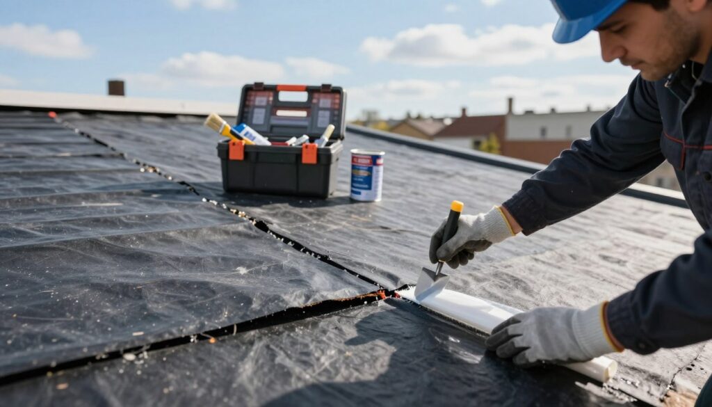 A close-up view of a flat roof covered with roofing felt, showcasing the process of sealing and repairing cracks and seams. The foreground features a professional tradesperson applying a liquid roofing sealant, dressed in a safety helmet and work gloves. In the middle, a toolbox with various roofing repair products is visible, including a trowel, brushes, and cans of sealant. The background presents a clear blue sky, with a few scattered clouds, and a nearby urban landscape of buildings, emphasizing a practical work environment. Soft, natural lighting highlights the textures of the roofing materials, creating a focused and industrious atmosphere. The image should reflect professionalism and expertise in roofing repair, devoid of any text or branding elements. A close-up view of a flat roof covered with roofing felt, showcasing the process of sealing and repairing cracks and seams. The foreground features a professional tradesperson applying a liquid roofing sealant, dressed in a safety helmet and work gloves. In the middle, a toolbox with various roofing repair products is visible, including a trowel, brushes, and cans of sealant. The background presents a clear blue sky, with a few scattered clouds, and a nearby urban landscape of buildings, emphasizing a practical work environment. Soft, natural lighting highlights the textures of the roofing materials, creating a focused and industrious atmosphere. The image should reflect professionalism and expertise in roofing repair, devoid of any text or branding elements.