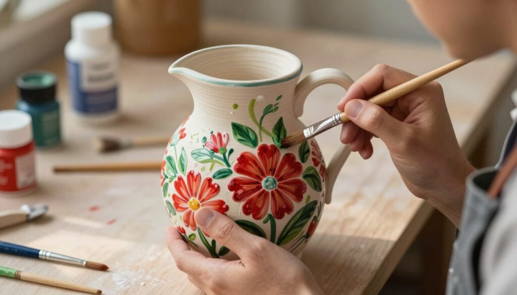 A close-up view of a hands-on project of finishing the surface of a ceramic garden pitcher. In the foreground, a craftsman’s hands, wearing an apron, hold a paintbrush, carefully applying vibrant colors to the pitcher, detailing floral designs in rich reds and greens. The middle ground shows the beautifully textured surface of the pitcher with intricate patterns emerging as the brush makes contact. Soft warm light illuminates the scene, creating gentle shadows that highlight the artistry. In the background, out-of-focus tools and paint supplies create a cozy workshop atmosphere, accentuating a sense of creativity and dedication. The overall mood is inspiring and inviting, capturing the essence of thoughtful garden decoration.