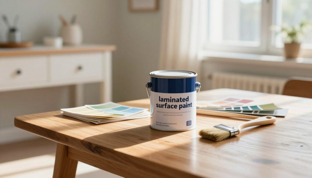A close-up view of a paint can labeled "laminated surface paint" surrounded by brushes and color swatches in a bright, inviting workspace. The foreground features a wooden table with a glossy, finished laminated surface reflecting sunlight. In the middle background, a cozy room with freshly painted furniture, suggesting transformation and renewal. Soft, natural light floods in from a nearby window, casting gentle shadows. A focused, warm atmosphere enhances the feeling of DIY creativity. The overall composition should convey a sense of excitement about reviving old furniture with new paint options, ideal for an inspiring home improvement project. A close-up view of a paint can labeled "laminated surface paint" surrounded by brushes and color swatches in a bright, inviting workspace. The foreground features a wooden table with a glossy, finished laminated surface reflecting sunlight. In the middle background, a cozy room with freshly painted furniture, suggesting transformation and renewal. Soft, natural light floods in from a nearby window, casting gentle shadows. A focused, warm atmosphere enhances the feeling of DIY creativity. The overall composition should convey a sense of excitement about reviving old furniture with new paint options, ideal for an inspiring home improvement project.