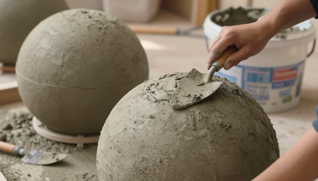 A close-up view of a person gently applying concrete to a large spherical shape, representing a garden decoration project. In the foreground, the focus is on the hands using a trowel to smooth the concrete over the round surface, showcasing the texture and thickness of the material. The middle ground features the half-finished spherical form, lying on a supportive stand. In the background, blurred gardening tools and a bucket of mixed concrete create a workshop atmosphere. The lighting is warm and inviting, casting soft shadows to accentuate the shape and texture of the concrete. The overall mood conveys a sense of craftsmanship and creativity, perfect for illustrating the process of making a concrete garden sphere.