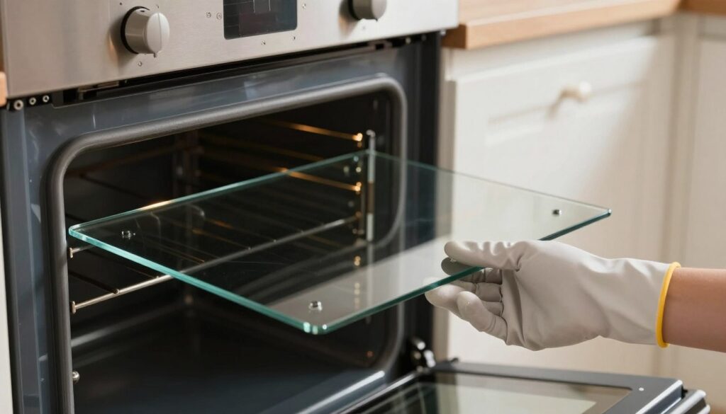 A close-up view of a person safely removing the glass from the door of an oven, showcasing careful handling of the fragile material. The foreground features a gloved hand gently lifting the glass pane, ensuring a secure grip. In the middle, the partially disassembled oven door is visible, highlighting the hinges and screws involved in the process. The background includes a well-lit kitchen setting with soft, warm lighting reflecting off the stainless steel surface of the oven, creating a cozy atmosphere. The focus is sharp on the glass and the person's hand, capturing the essential steps of the process with clarity and professionalism, while the overall composition conveys a sense of safety and careful maintenance. A close-up view of a person safely removing the glass from the door of an oven, showcasing careful handling of the fragile material. The foreground features a gloved hand gently lifting the glass pane, ensuring a secure grip. In the middle, the partially disassembled oven door is visible, highlighting the hinges and screws involved in the process. The background includes a well-lit kitchen setting with soft, warm lighting reflecting off the stainless steel surface of the oven, creating a cozy atmosphere. The focus is sharp on the glass and the person's hand, capturing the essential steps of the process with clarity and professionalism, while the overall composition conveys a sense of safety and careful maintenance.