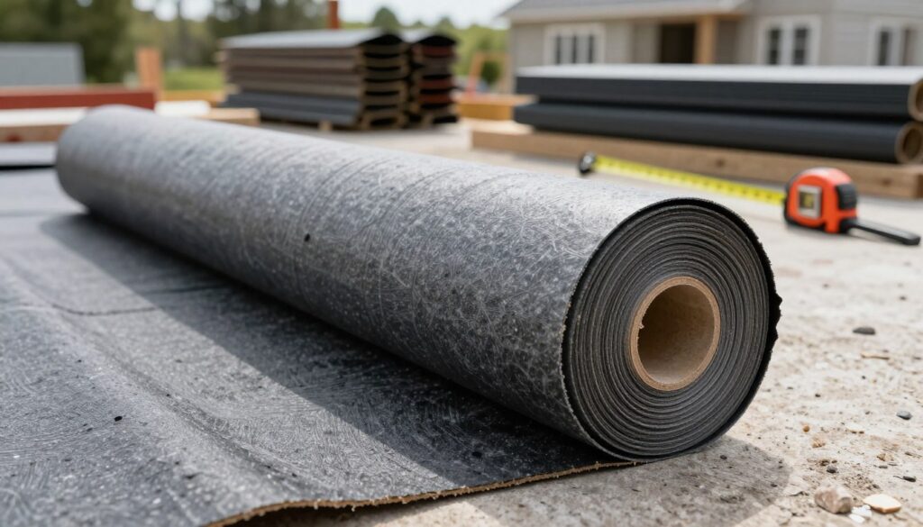 A close-up view of a roll of roofing felt (papa) placed on a construction site, showcasing its textured surface and layered structure. In the foreground, the focus is on the sharp details of the roofing material, emphasizing its ruggedness and weather resistance. The middle ground features tools such as a measuring tape and a utility knife, suggesting an ongoing roofing project. In the background, there are stacks of other construction materials, along with a partially visible house under renovation. The scene is illuminated by natural daylight, casting soft shadows that enhance the textures, while the overall atmosphere reflects a clean and organized construction environment, evoking a sense of professionalism and compliance with safety regulations. A close-up view of a roll of roofing felt (papa) placed on a construction site, showcasing its textured surface and layered structure. In the foreground, the focus is on the sharp details of the roofing material, emphasizing its ruggedness and weather resistance. The middle ground features tools such as a measuring tape and a utility knife, suggesting an ongoing roofing project. In the background, there are stacks of other construction materials, along with a partially visible house under renovation. The scene is illuminated by natural daylight, casting soft shadows that enhance the textures, while the overall atmosphere reflects a clean and organized construction environment, evoking a sense of professionalism and compliance with safety regulations.