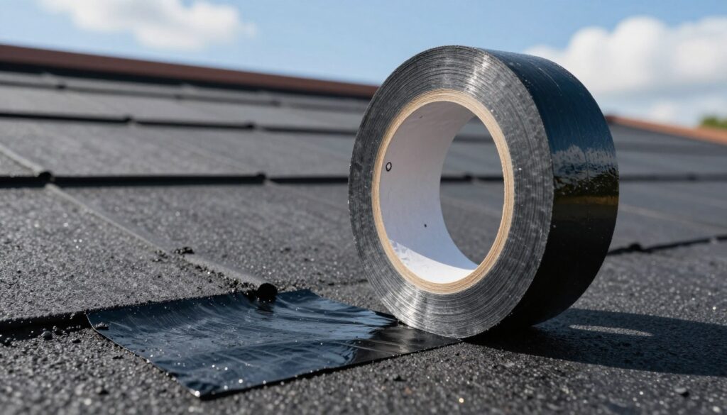 A close-up view of a roll of roofing tape, specifically designed for sealing flat roofs with asphalt membranes. The foreground features the shiny, black tape, its texture glistening in sunlight, indicating durability and strength. In the middle ground, illustrate an asphalt roof with clearly visible seams and potential leaks that the tape is meant to repair. The background includes a clear blue sky and a few fluffy white clouds, emphasizing a bright, dry day perfect for roof maintenance. The image is captured with soft natural lighting to highlight the adhesive properties of the tape and the surrounding roofing materials. The mood is practical and professional, showcasing the importance of maintenance in roofing solutions. A close-up view of a roll of roofing tape, specifically designed for sealing flat roofs with asphalt membranes. The foreground features the shiny, black tape, its texture glistening in sunlight, indicating durability and strength. In the middle ground, illustrate an asphalt roof with clearly visible seams and potential leaks that the tape is meant to repair. The background includes a clear blue sky and a few fluffy white clouds, emphasizing a bright, dry day perfect for roof maintenance. The image is captured with soft natural lighting to highlight the adhesive properties of the tape and the surrounding roofing materials. The mood is practical and professional, showcasing the importance of maintenance in roofing solutions.