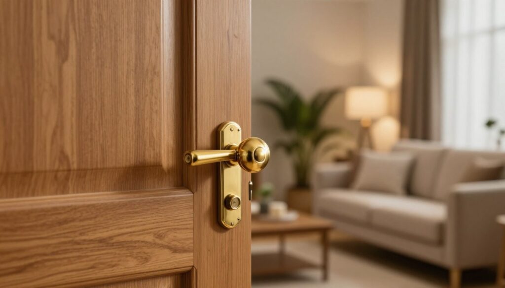 A close-up view of a set of wooden interior doors that are slightly ajar, suggesting they are momentarily stuck. The focus is on a shiny brass doorknob glinting in soft, warm lighting, highlighting its intricate design. In the background, a cozy living room scene is subtly blurred, featuring muted colors, an inviting sofa, and a few plants, creating a homely atmosphere. The image captures the tension between accessibility and restriction, conveying the frustration of a closed door without explicit distress. A gentle glow from a nearby lamp casts soft shadows, enhancing the room's warmth while maintaining a professional appearance, suitable for an article about home solutions.