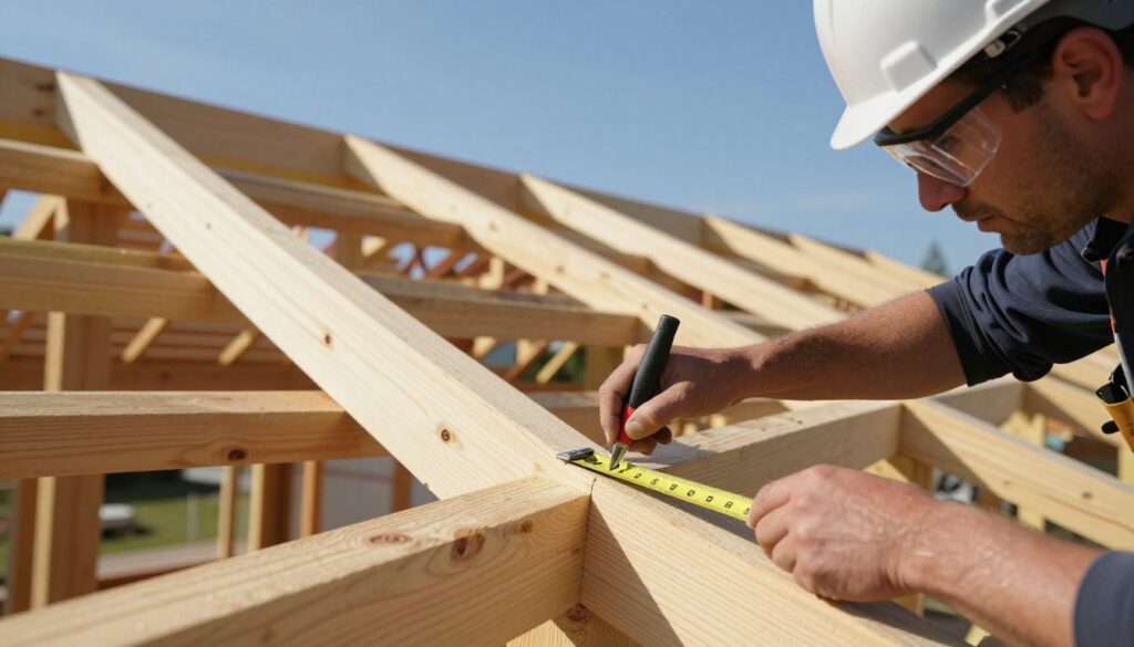 A close-up view of a skilled carpenter extending roof rafters (krokwi) on a construction site. In the foreground, focus on an expert wearing a hard hat and safety goggles, measuring and marking wooden beams with precision tools. The middle ground showcases the rafters being extended, displaying intricate joinery techniques, with visible support structures. In the background, a partially constructed house under a clear blue sky adds context. The lighting is bright and natural, emphasizing the details of the wooden textures and tools. Capture a professional atmosphere that conveys craftsmanship and expertise in roofing construction, highlighting the techniques of extending rafters. A close-up view of a skilled carpenter extending roof rafters (krokwi) on a construction site. In the foreground, focus on an expert wearing a hard hat and safety goggles, measuring and marking wooden beams with precision tools. The middle ground showcases the rafters being extended, displaying intricate joinery techniques, with visible support structures. In the background, a partially constructed house under a clear blue sky adds context. The lighting is bright and natural, emphasizing the details of the wooden textures and tools. Capture a professional atmosphere that conveys craftsmanship and expertise in roofing construction, highlighting the techniques of extending rafters.