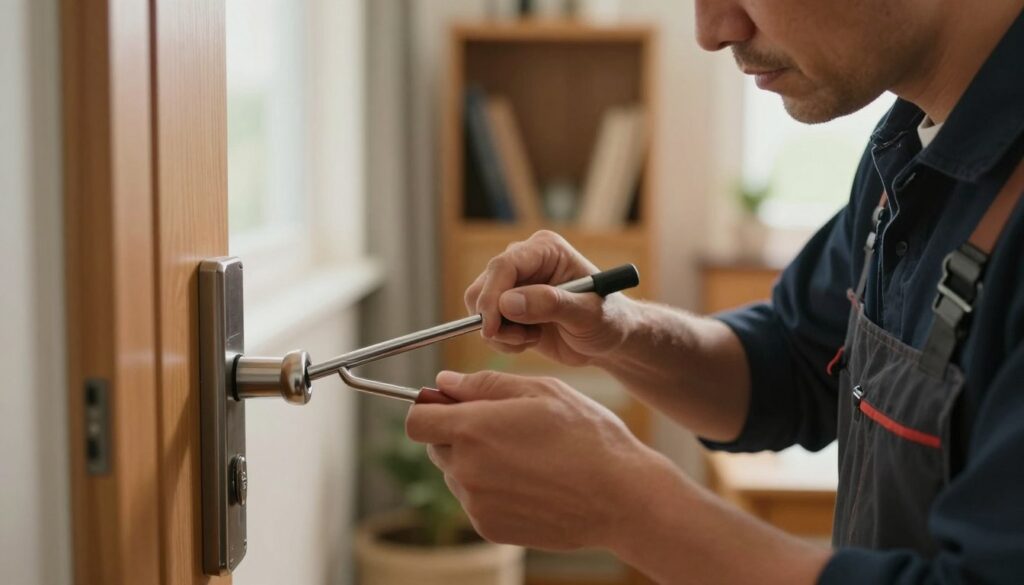 A close-up view of a skilled locksmith using a tension wrench and pick to open a locked door without a key, emphasizing the precision and technique involved. The locksmith, a middle-aged person dressed in professional attire, focuses intently on manipulating the lock, with tools in hand. In the background, a softly lit room exudes a calm and secure atmosphere, featuring a neatly arranged interior with wooden furnishings and warm colors. Natural light filters through a nearby window, creating gentle shadows and soft highlights that enhance the sense of professionalism and safety in the situation. The overall mood is one of expertise and reassurance, suitable for the discussion of secure methods for unlocking doors.